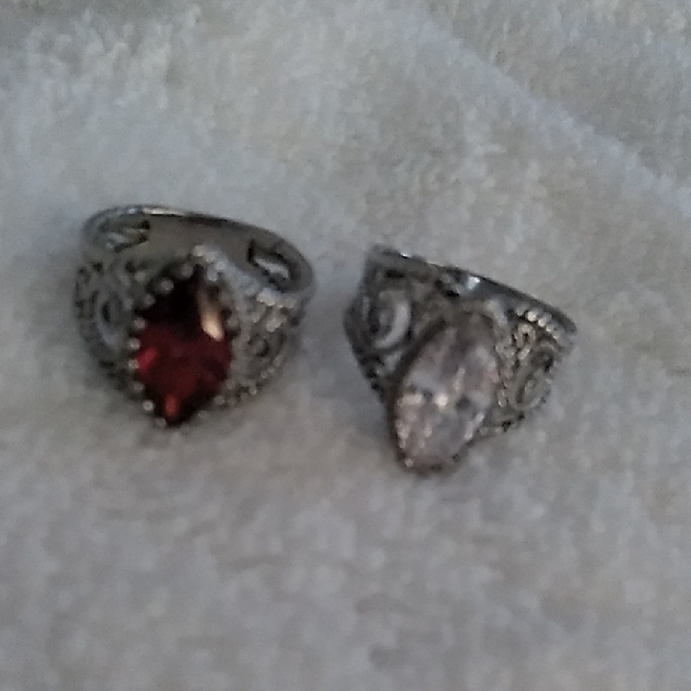 Elegant Silver and Red Gemstone Ring Set